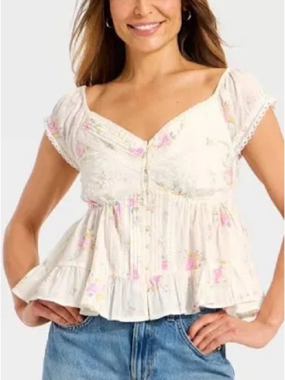 Universal Thread Cream Floral Embroidered Ruffle Puff Sleeve Top